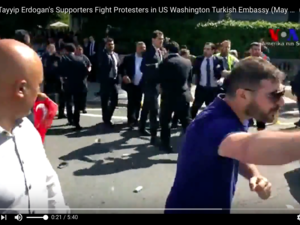 t is not the first time that Erdogan's security detail have violently attacked protesters. In 2016, his bodyguards attacked Turkish journalists and staff outside an event at the Brookings Institution in Washington DC. (YouTube)