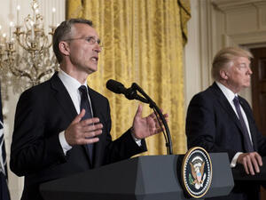 NATO Secretary General Jens Stoltenberg (L) and US President Donald Trump hold a joint press conference in the East Room at the White House in Washington, DC, on April 12, 2017. (AFP/Brendan Smialowski)