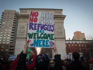 A protest of Trump's temporary ban on refugees earlier this year (AFP)