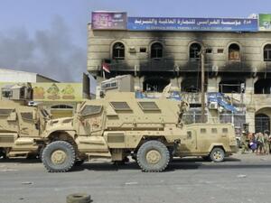 An armoured vehicles for Yemeni forces are seen in the outskirts of Al-Hudaydah on 8 November. (AFP/File) 