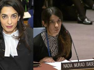 Mrs Clooney is representing thousands of Yazidi women and children kidnapped, raped, tortured and enslaved by ISIS, including Nobel Peace Prize nominee Nadia Murad Basee Taha (pictured).(amalalamuddinstyle.files.wordpress.com)
