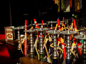 Shisha, or argileh tobacco pipes, a ubiquitous sight in the Middle East, are seen at a smoking cafe in Turkey. (Lindsey Leger)