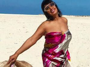 In the latest picture that Fifi shared she appears wearing a long sleeveless dress designed by Emirati designer Mona Al Mansouri. (Source: fifiabdouofficial - Instagram)