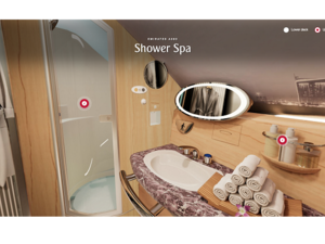 The iconic Onboard Lounge and Shower Spa on the Emirates A380 using navigational hotspots.