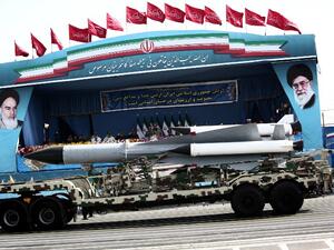 A surface to air missile paraded on Army Day in Tehran. (Image: AFP/Behrouz Mehri)
