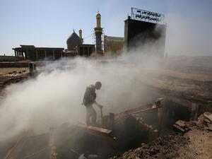 AFP Photo
Document reference000_CY10D
SLUGTOPSHOTS - IRAQ - CONFLICT - BOMBING
Creation date7/8/2016
CountryIRAQ
CreditAHMAD AL-RUBAYE / AFP
File size/pixels/dpi63.28 Mb / 5760 x 3840 / 300 dpi
An Iraqi policeman inspects the aftermath scene of a mortar and bombing attack on the Sayyid Mohammed shrine north of Baghdad on July 8, 2016. (AFP/Ahmad al-Rubaye)