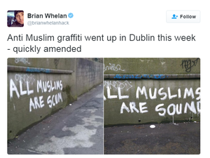 Pictures of the amended graffiti in Dublin have been shared widely on social media. (Twitter)