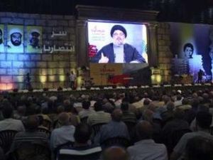 نصر الله يدلي بخطاب عبر شاشة كبيرة خلال يوم الشهيد في بيروت في 11 الجاري