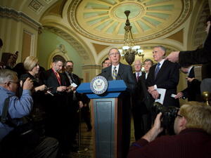 U.S. Senate minority leader Mitch McConnell (R-KY) speaks as Senate Republican leadership hold a press conference after their weekly policy luncheon in the U.S. Capitol building in Washington, DC. (Photo by Allison Shelley/Getty Images) 