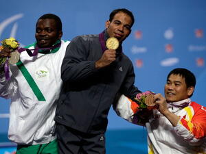A Paralympics power-lifting podium without Jordanians, flown back for sexual assault charges in London in 2012. (Getty image).