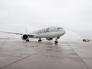 Qatar Airways' inaugural passenger flight to Chicago is welcomed by a traditional water salute at Chicago O'Hare Airport on April 10, 2013 in Chicago, Illinois. 