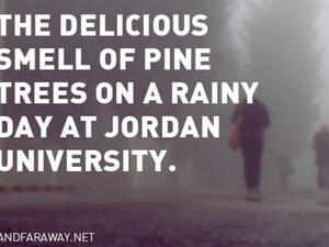 "The delicious smell of pine trees on a rainy day at Jordan university" [Image credit: And far away blog]