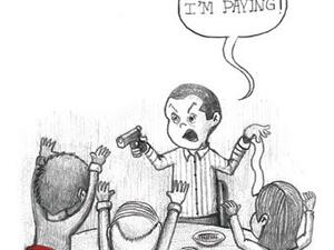 A regular Arab dining out affair turns into a paying tussle. (Image source: "Sinan Hallak" from "Bet You Didn't Know This About Beirut") A regular Arab dining out affair turns into a paying tussle. (Image source: "Sinan Hallak" from "Bet You Didn't Know This About Beirut")