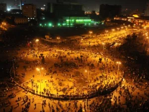 A general view shows Cairo's landmark Tahrir Square as Egyptian riot policeman try to disperse protesters on November 20, 2011.