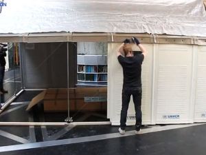 A pre-fabricated house is to serve as an alternative to tents for refugees that designed by the Swedish furniture manufacturer IKEA for UNHCR, in Beirut, Lebanon, July 24, 2013.
 