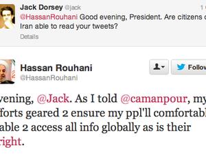 A screenshot of the tweets sent between Iranian President Hassan Rouhani and Twitter founder Jack Dorsey. (Twitter)