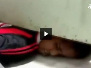 One student left in a tight squeeze on his way to freedom!