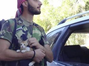 مقاتل من الجيش الحر يمسك بقط صغير في حلب يوم الأحد.
