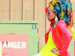 The style component to the competition was won by Yasmeen Sabir for her tropical headscarf scarf coupled with a coral motorcycle jacket ensemble. (Image courtesy: American Hijab Design Contest)