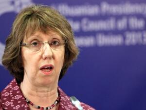 U's foreign policy chief Catherine Ashton addresses the media after a meeting of Ministers for Foreign Affairs in Vilnius on September 7, 2013. (AFP)