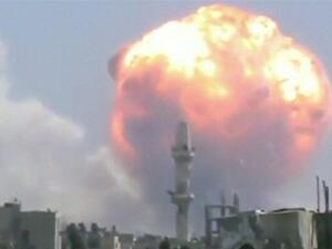 An explosion from the arms depot near Homs killed dozens earlier this year (Courtesy of BBC)