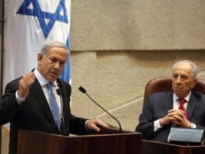 نتانياهو يتحدث امام الكنيست بحضور الرئيس الاسرائيلي شمعون بيريز