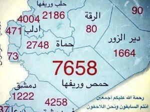 A map of Syria. Written on each city (in Arabic), its name and the number of martyrs from it.