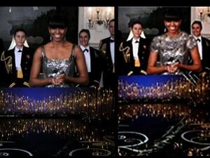 Left: Michelle Obama announcing the best picture winner at the Oscars. Right: The same image, as it appeared on an Iranian state news agency. (CBS News/Fars)