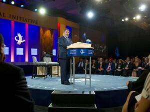 الرئيس مرسي متحدثا في مبادرة كلينتون الدولية في نيويورك الثلاثاء
