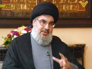 لقطة عن التلفزيون للامين العام لحزب الله حسن نصرالله في مقابلة على شاشة المنار في 3 كانون الاول