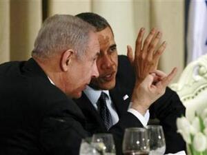 الرئيس الامريكي باراك اوباما ورئيس الوزراء الاسرائيلي بنيامين نتنياهو خلال عشاء رسمي في القدس يوم 21 مارس اذار 2013. 
