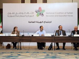 Suheir Attasi (L1) , Mostafa Sabbagh Syrian opposition's National Coalition chief Ahmed Moaz al-Khatib (CL) , Mostafa Sabbah(CR) and George Sebra (R) attend Syria's opposition coalition meeting on Monday in Istanbul to choose their first prime minister. (Photo: AFP / OZAN KOSE)