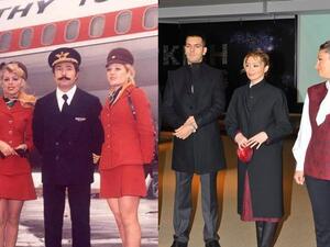 Turkish Airlines flight attendants in 1974 (L) and designer Dilek Hanif’s proposed uniforms (R). (Courtesy: Turkish Airlines / European Pressphoto Agency)