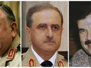 القادة العسكريون القتلى حسن التركماني ووزير الدفاع داود راجحة وآصف شوكت (من اليسار لليمين). 
