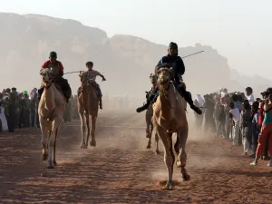 Jordan is quite organically linked to Arabia with many Hashemites tracing quite newly back to tribes in Saudi. Here, a camel race in Wadi Rum.
