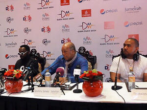 Will.i.am (left), with Quincy Jones (centre) and Timbaland yesterday at a press conference Dubai. (Image: Youtube screenshot)