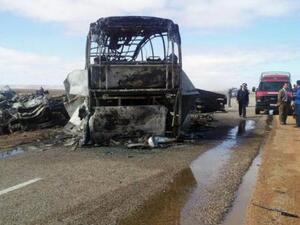 The bus (pictured above) collided with a truck as it was returning from a school athletic competition. Fourteen children were among the bus passengers. (AFP/File)