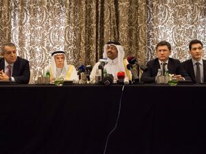 Representatives from OPEC countries Qatar, Saudi Arabia, Venezuela, and Russia attend a press conference on Feb. 16, 2016 in Doha, Qatar. (AFP/Olya Morvan)