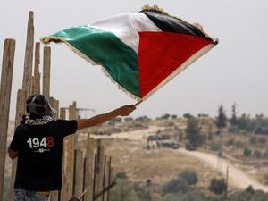 A Palestinian protester waves a Palestinian flag in front of Israeli security forces on May 13, 2016 in the West Bank village of Bilin, near Ramallah. (AFP/Abbas Momani)