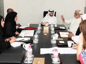 Sheikh Mohammed bin Humaid Al Qasimi, Director of the DSCD, during a meeting with Hanadi Saleh Al Yafei, and Nahla Hamdan, representing the Child Safety Campaign.