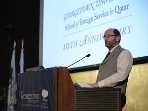 Mr Allan Groen, Associate Director for Public Services at Qatar National Library, delivering the opening remarks at the library’s first public guest lecture