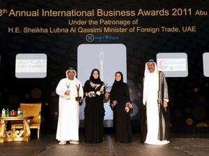 Ahmad Al Haddabi COO, ADAC; Sheikha Al Maskari, Head of Public Affairs, ADAC; Sheikha Lubna Al Qassimi; and Mohammed Omar Abdulla, Under Secretary Department of Economic Development, at the Stevie awards ceremony