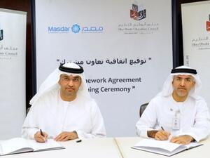 Sultan Al Jaber, Chief Executive Officer, Masdar and Mugheer Al Khaili, Director-General, ADEC signing a Framework Agreement on Sustainability 