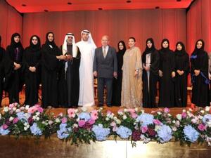 HE Sheikh Nahyan Mubarak Al Nahyan, HE Khaldoon Al Mubarak and HE Mrs Hoda Kanoo present Abu Dhabi Festival Award