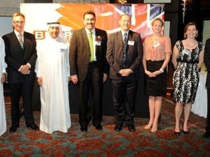 Khalid Al Zayani, BBBF Chairman; Ahmed Al Shaikh, Tamkeen Vice President; Rupert Potter, Deputy Head of Mission at the British Embassy in Bahrain, with BBBF Committee members at the meeting