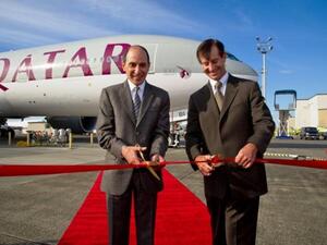 Qatar Airways Chief Executive Officer Akbar Al Baker, and Marty Bentrott, Vice President of Sales for the Middle East, Central Asia and Russia