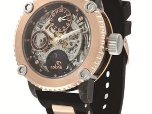 Colias watch, a stainless steel case with rose gold bezel and a prominent crown