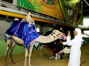 طفل يمتطي جمل في ركن الخيول والجمال في عالم مدهش