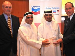 Saeed Abdullah Khoory, ENOC’s Chief Executive Officer receiving the Chevron Global Aviation President's Award from Martin Donohue, Chevron’s Vice President of Africa, Middle East and Pakistan