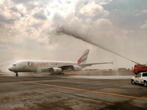 The Emirates A380 greeted with the traditional water cannon salute at O R Tambo International Airport
